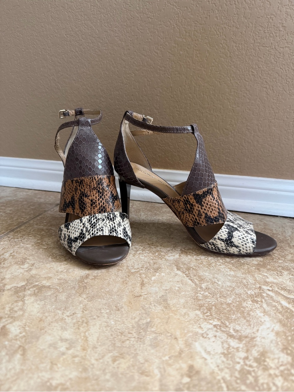 ANTONIO MELANI Mixed Snake-Print T-Strap Stiletto Heels in Brown and Cream